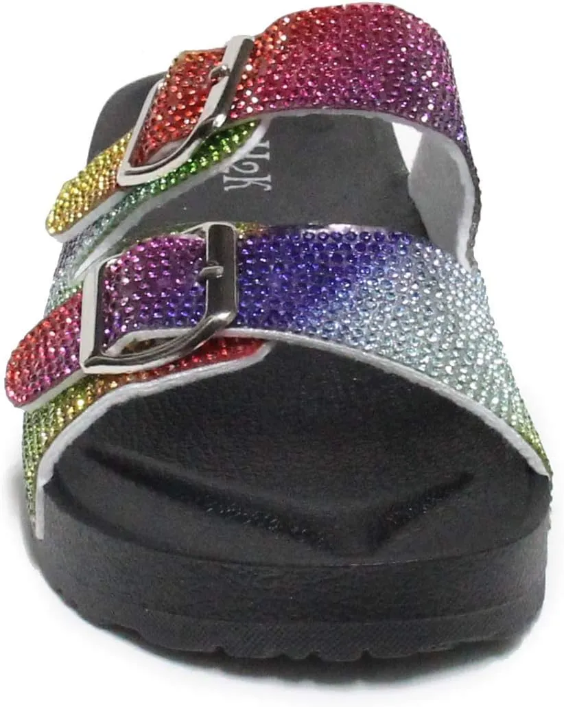 H2K Womens Glitter Double Buckle Adjustable Comfort Slip On Slides Sandals Espen