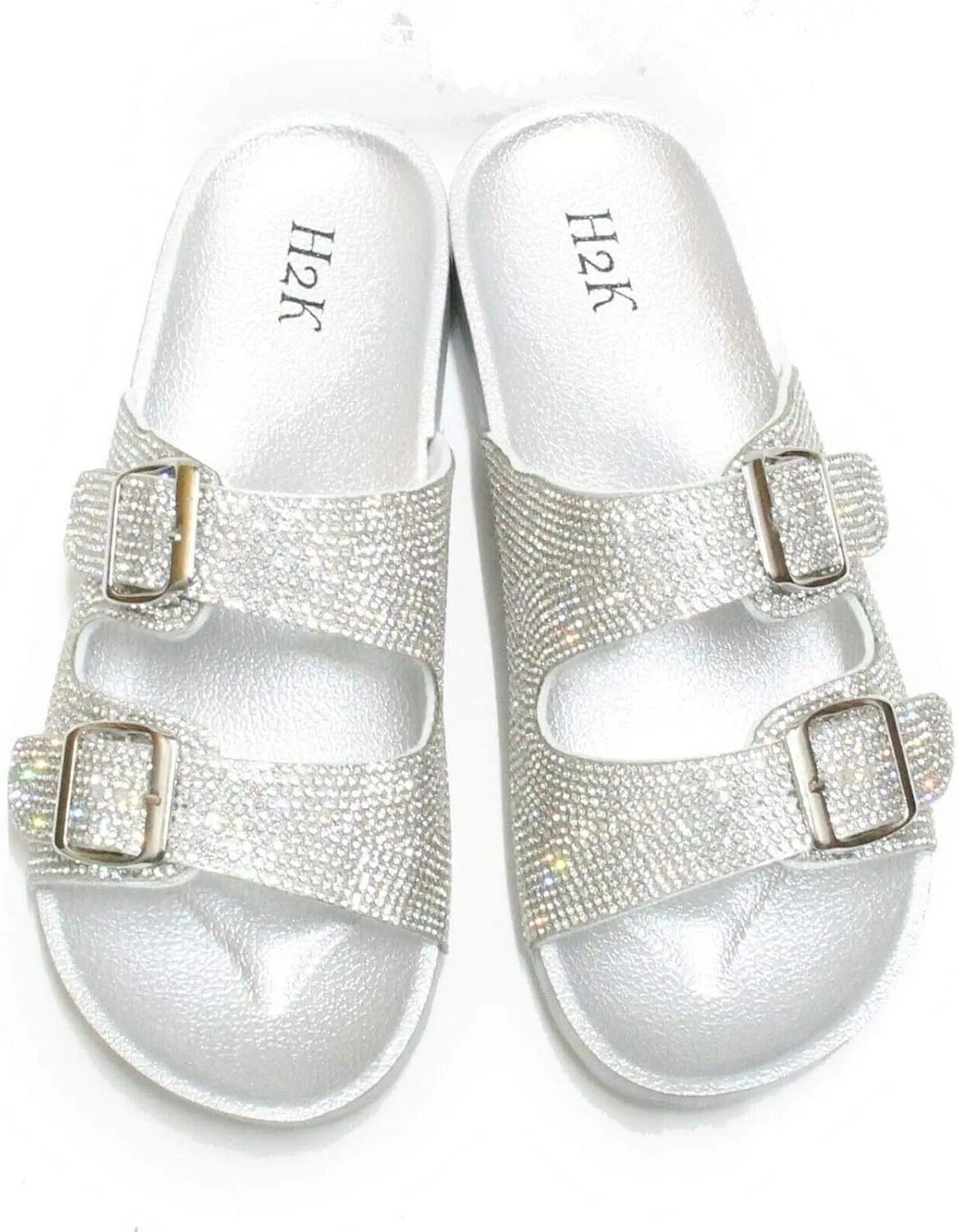 H2K Womens Glitter Double Buckle Adjustable Comfort Slip On Slides Sandals Espen
