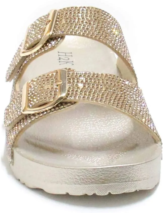 H2K Womens Glitter Double Buckle Adjustable Comfort Slip On Slides Sandals Espen