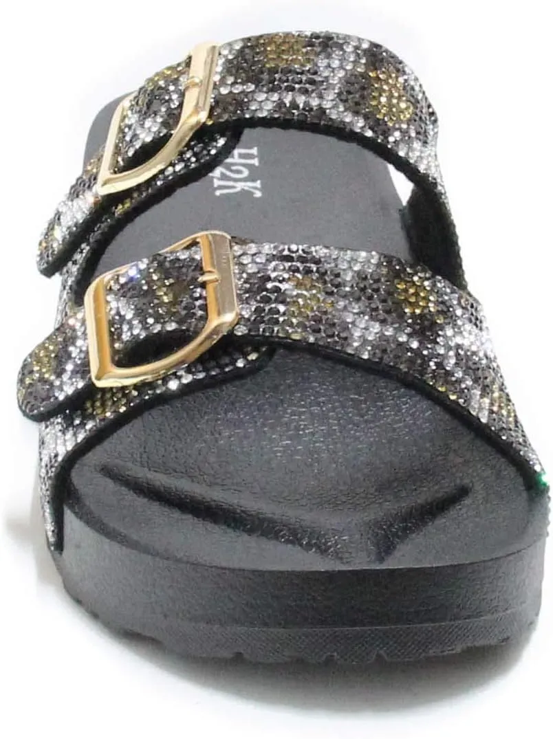 H2K Womens Glitter Double Buckle Adjustable Comfort Slip On Slides Sandals Espen