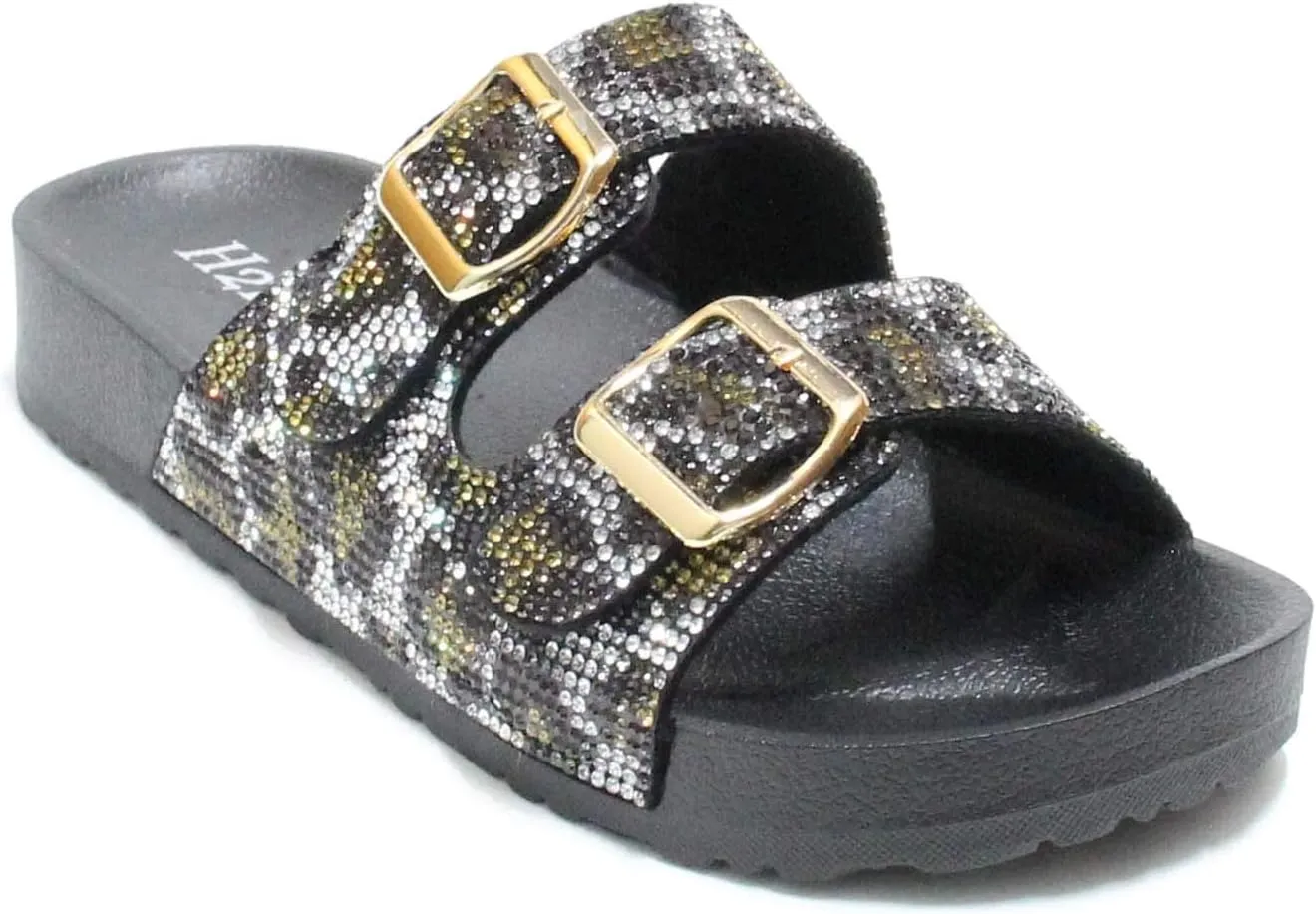 H2K Womens Glitter Double Buckle Adjustable Comfort Slip On Slides Sandals Espen