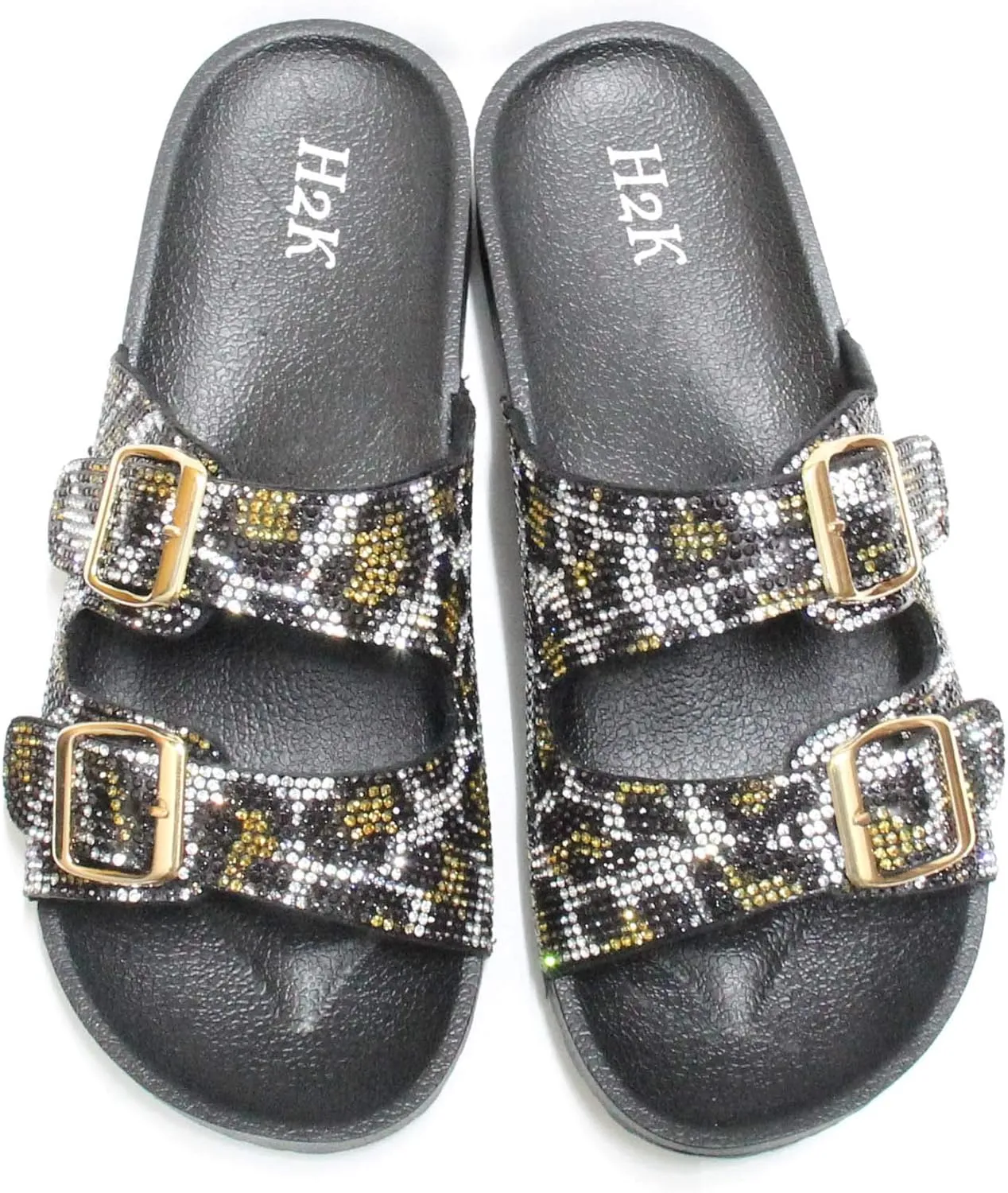 H2K Womens Glitter Double Buckle Adjustable Comfort Slip On Slides Sandals Espen