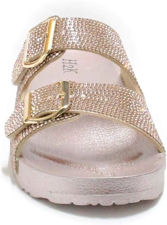 H2K Womens Glitter Double Buckle Adjustable Comfort Slip On Slides Sandals Espen