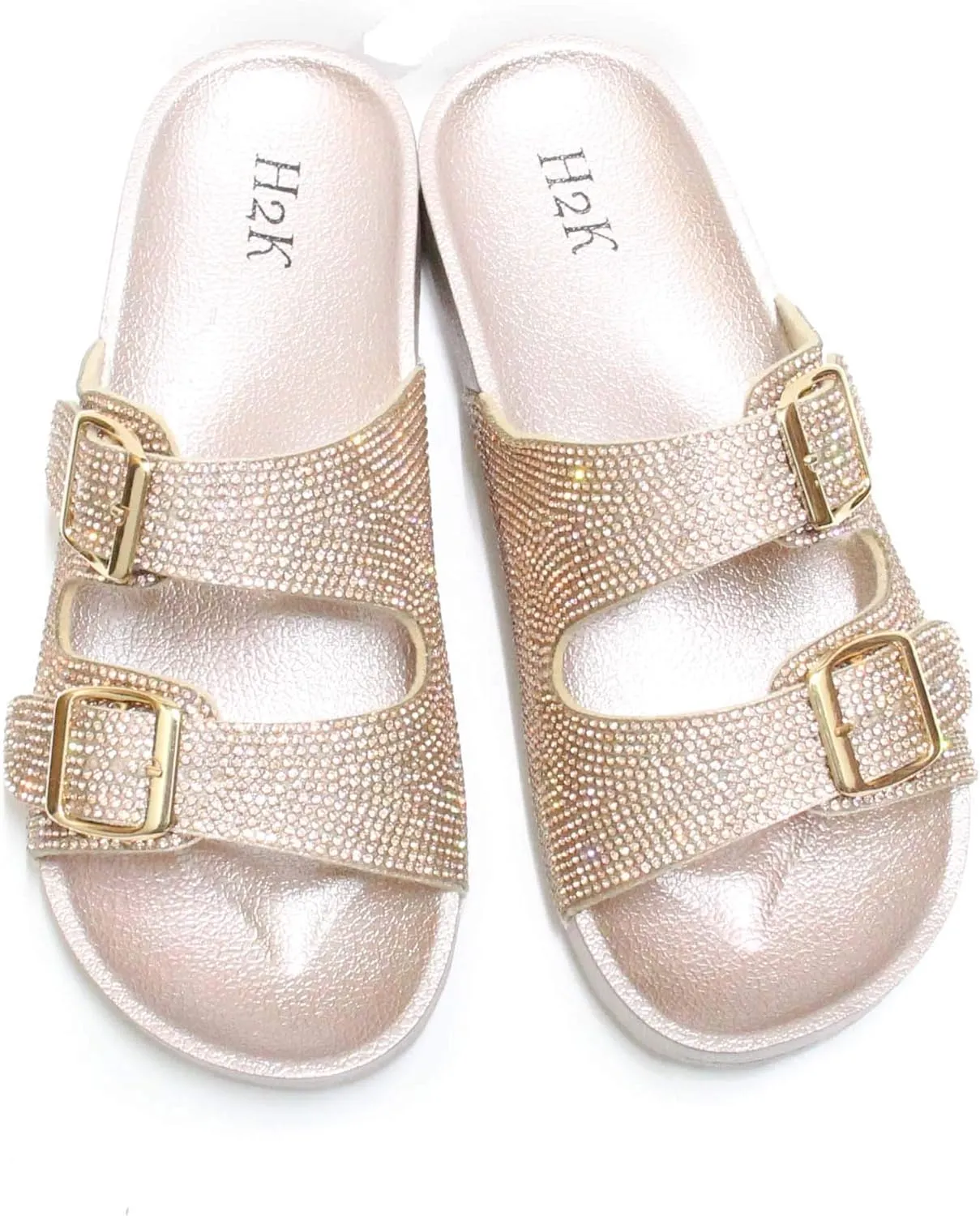 H2K Womens Glitter Double Buckle Adjustable Comfort Slip On Slides Sandals Espen