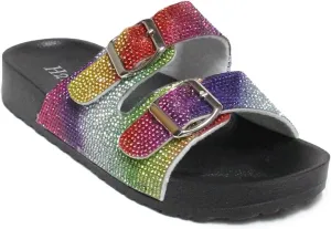 H2K Womens Glitter Double Buckle Adjustable Comfort Slip On Slides Sandals Espen
