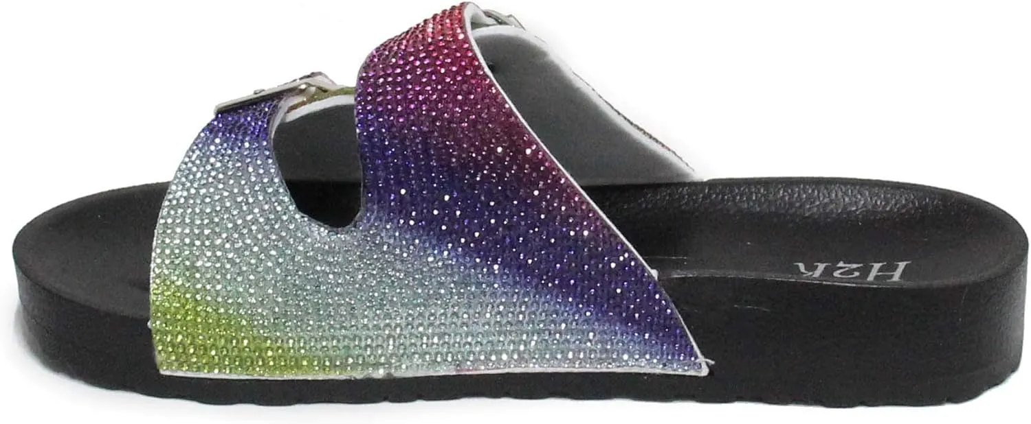 H2K Womens Glitter Double Buckle Adjustable Comfort Slip On Slides Sandals Espen