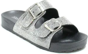 H2K Womens Glitter Double Buckle Adjustable Comfort Slip On Slides Sandals Espen
