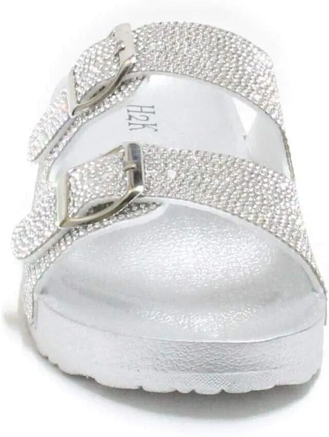 H2K Womens Glitter Double Buckle Adjustable Comfort Slip On Slides Sandals Espen