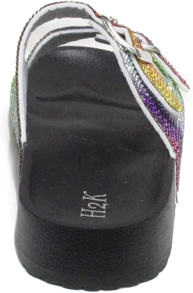 H2K Womens Glitter Double Buckle Adjustable Comfort Slip On Slides Sandals Espen