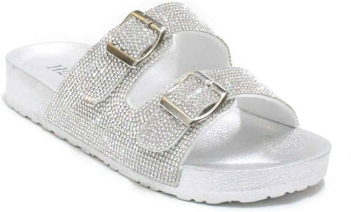 H2K Womens Glitter Double Buckle Adjustable Comfort Slip On Slides Sandals Espen