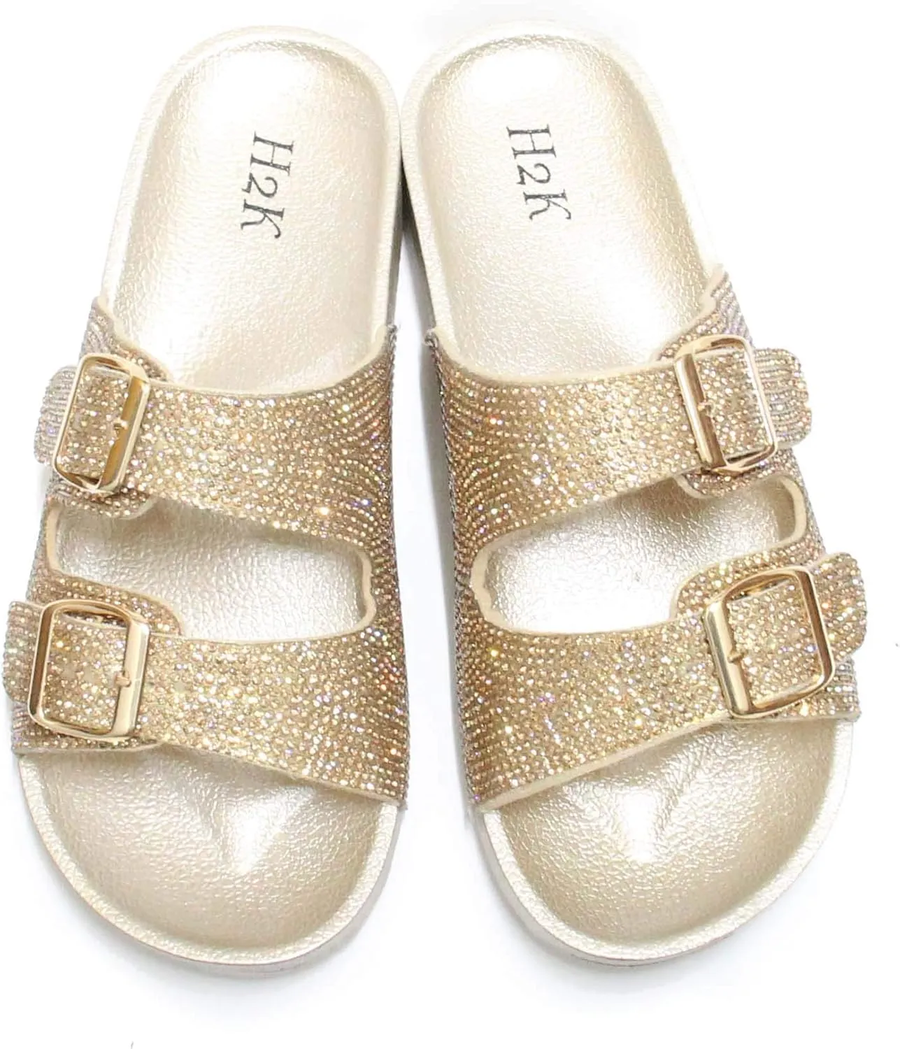 H2K Womens Glitter Double Buckle Adjustable Comfort Slip On Slides Sandals Espen