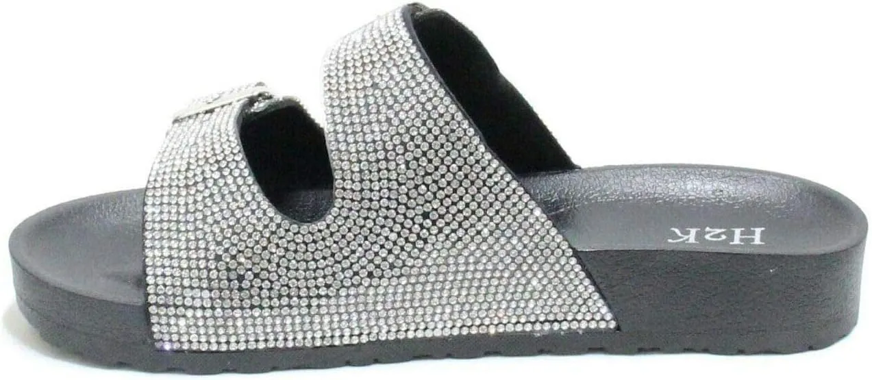 H2K Womens Glitter Double Buckle Adjustable Comfort Slip On Slides Sandals Espen