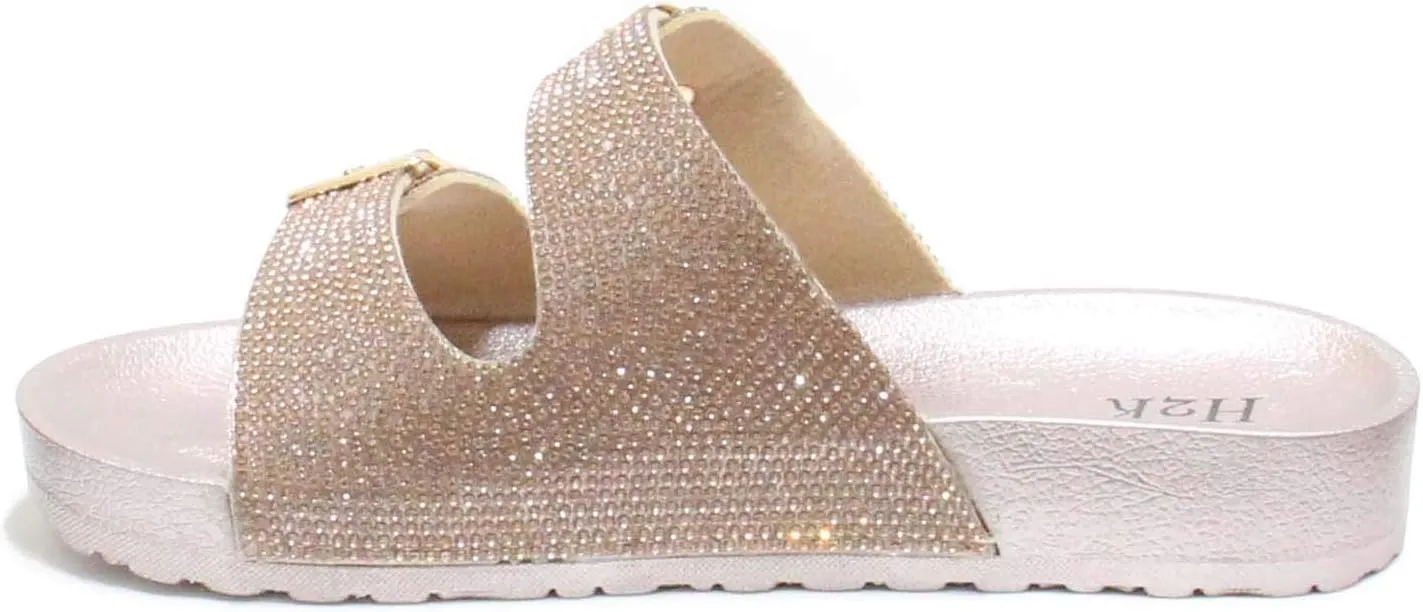 H2K Womens Glitter Double Buckle Adjustable Comfort Slip On Slides Sandals Espen