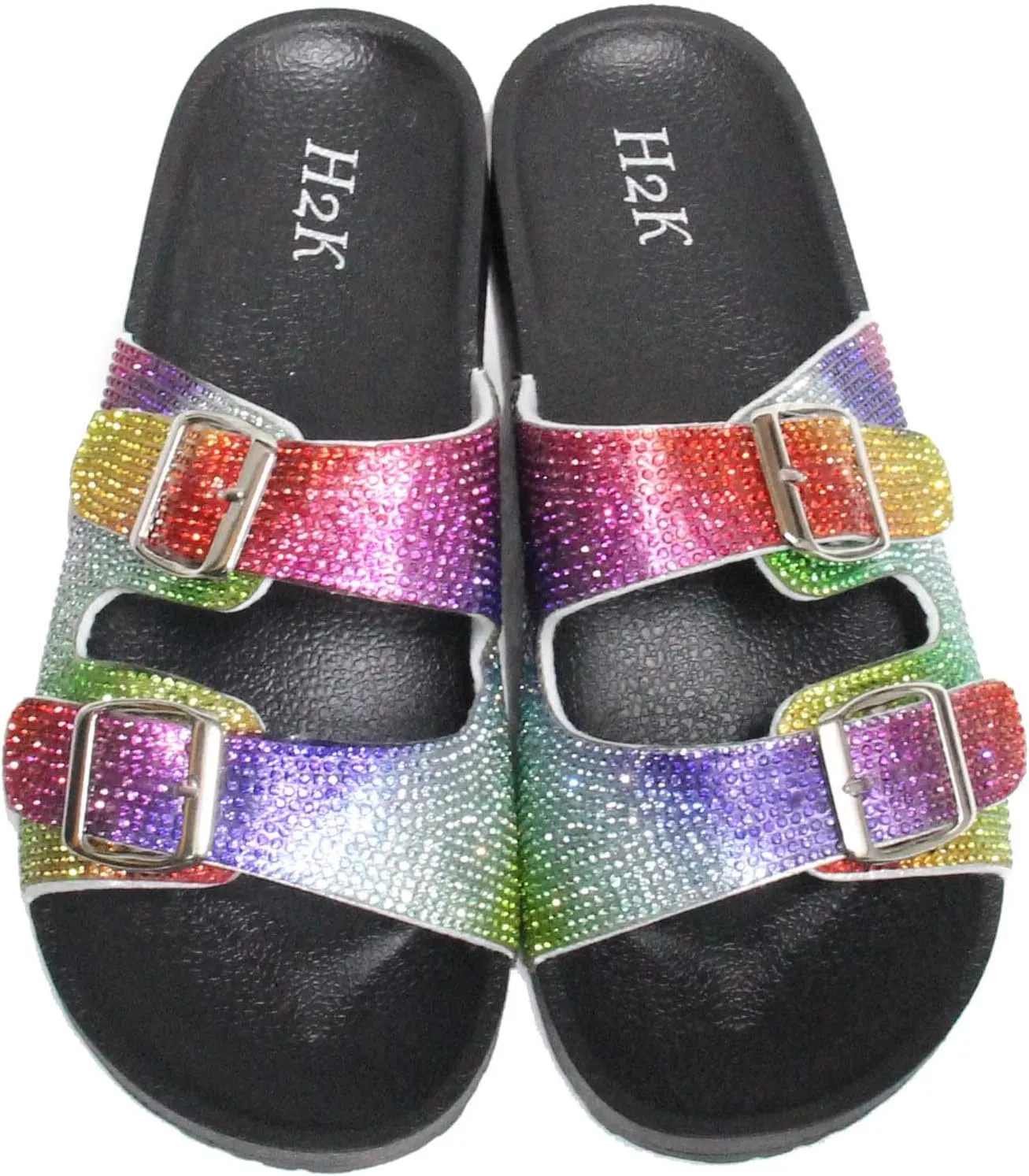 H2K Womens Glitter Double Buckle Adjustable Comfort Slip On Slides Sandals Espen