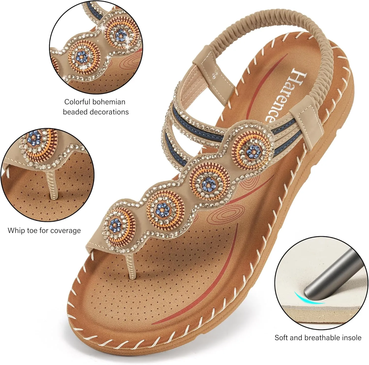 HARENCE Flat Sandals for Women Dressy: Comfortable Summer Flats Shoes Elastic Ankle Strap Bohemian Beaded Beach Sandal