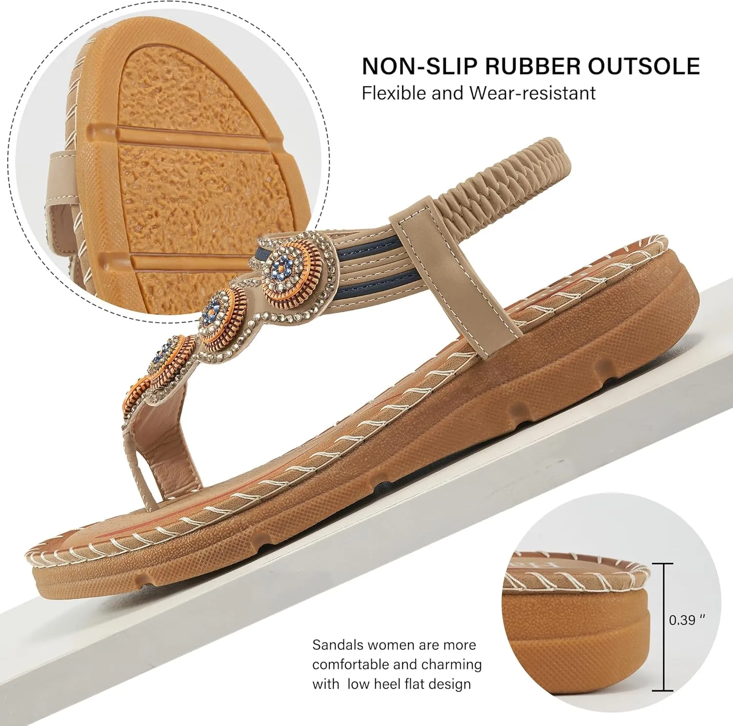 HARENCE Flat Sandals for Women Dressy: Comfortable Summer Flats Shoes Elastic Ankle Strap Bohemian Beaded Beach Sandal
