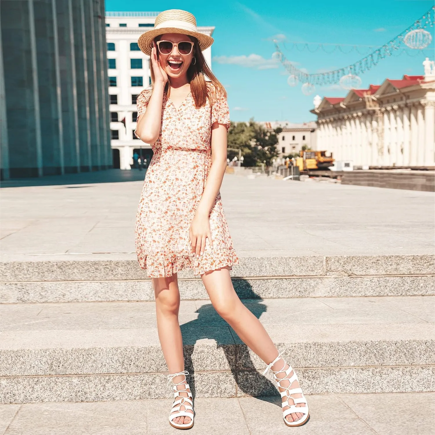 HARENCE Sandals for Women Summer Flats: Comfortable Cross Strap Gladiator Flat Shoes Casual Dressy Non Slip Beach Sandals