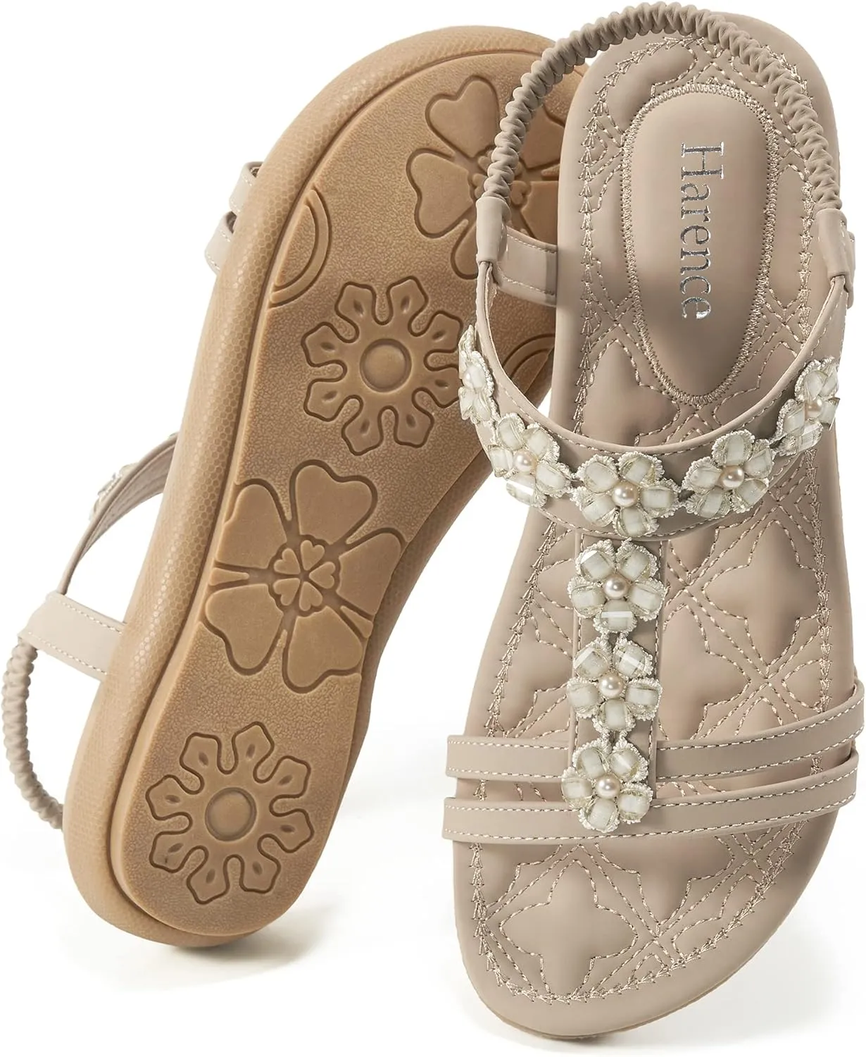 HARENCE Women's Summer Flat Sandals: Comfortable Bohemian Beaded Flats Shoes Elastic Ankle T-Strap Casual Slip on Beach Dress Sandals for Women