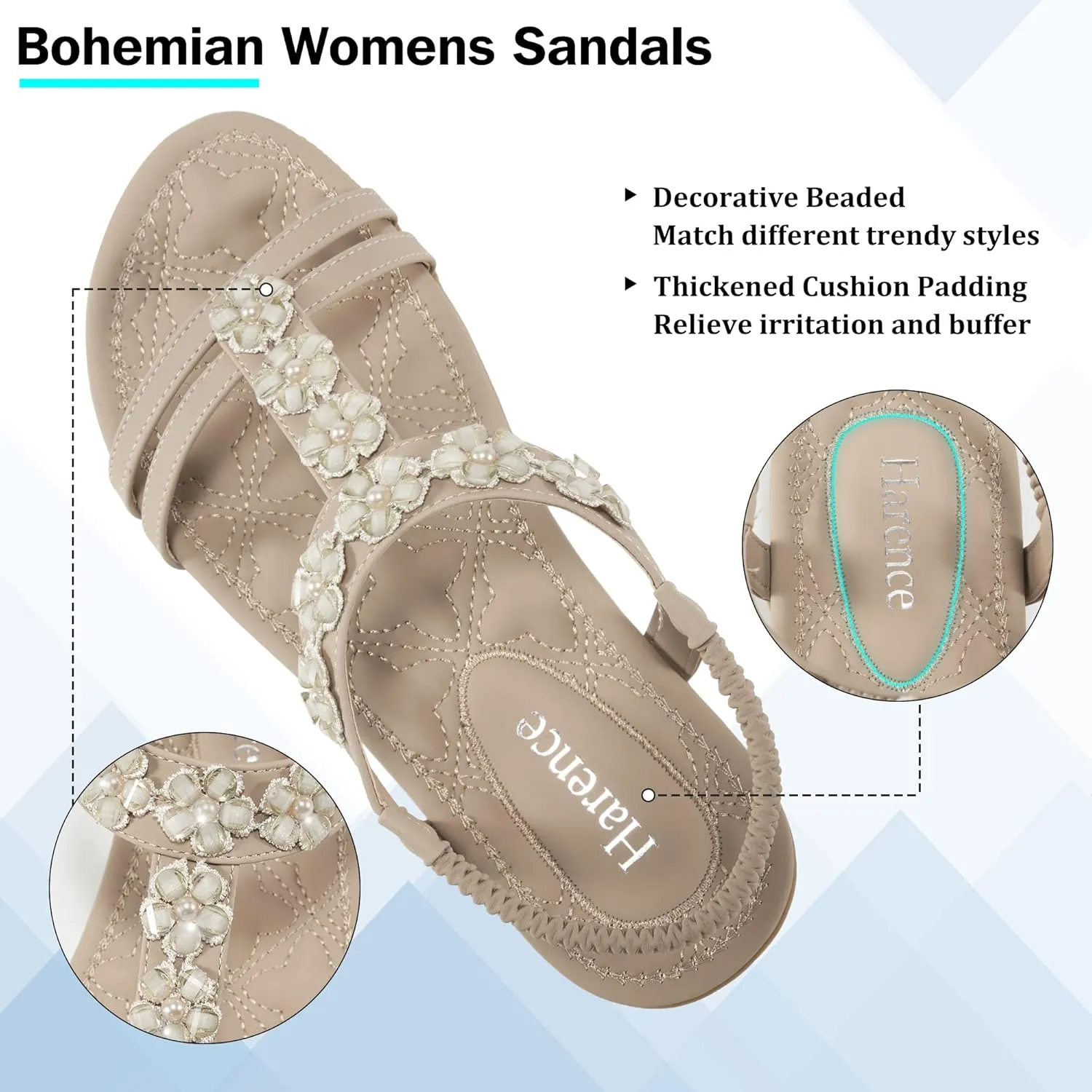 HARENCE Women's Summer Flat Sandals: Comfortable Bohemian Beaded Flats Shoes Elastic Ankle T-Strap Casual Slip on Beach Dress Sandals for Women