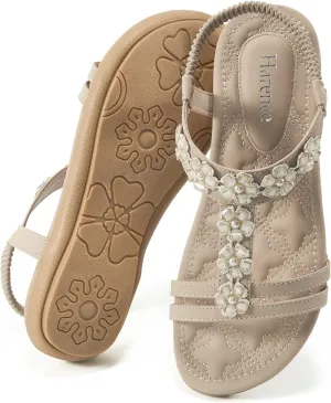 HARENCE Women's Summer Flat Sandals: Comfortable Bohemian Beaded Flats Shoes Elastic Ankle T-Strap Casual Slip on Beach Dress Sandals for Women