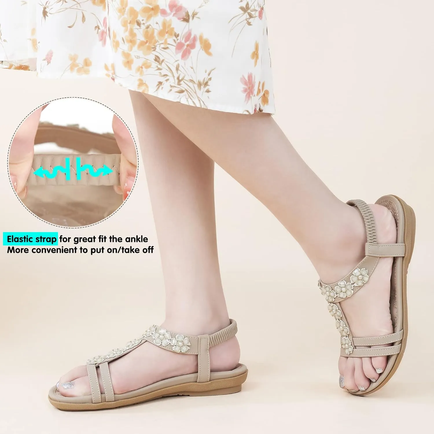 HARENCE Women's Summer Flat Sandals: Comfortable Bohemian Beaded Flats Shoes Elastic Ankle T-Strap Casual Slip on Beach Dress Sandals for Women