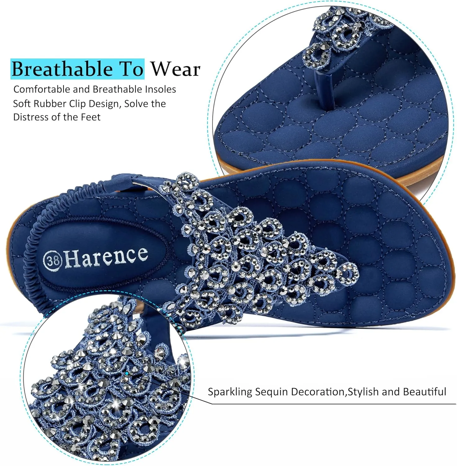 HARENCE Womens Summer Flats Sandals: Casual Bohemian Dressy Thong Flat Shoes Comfortable Slip on Elastic Ankle Strap Beach Sandal