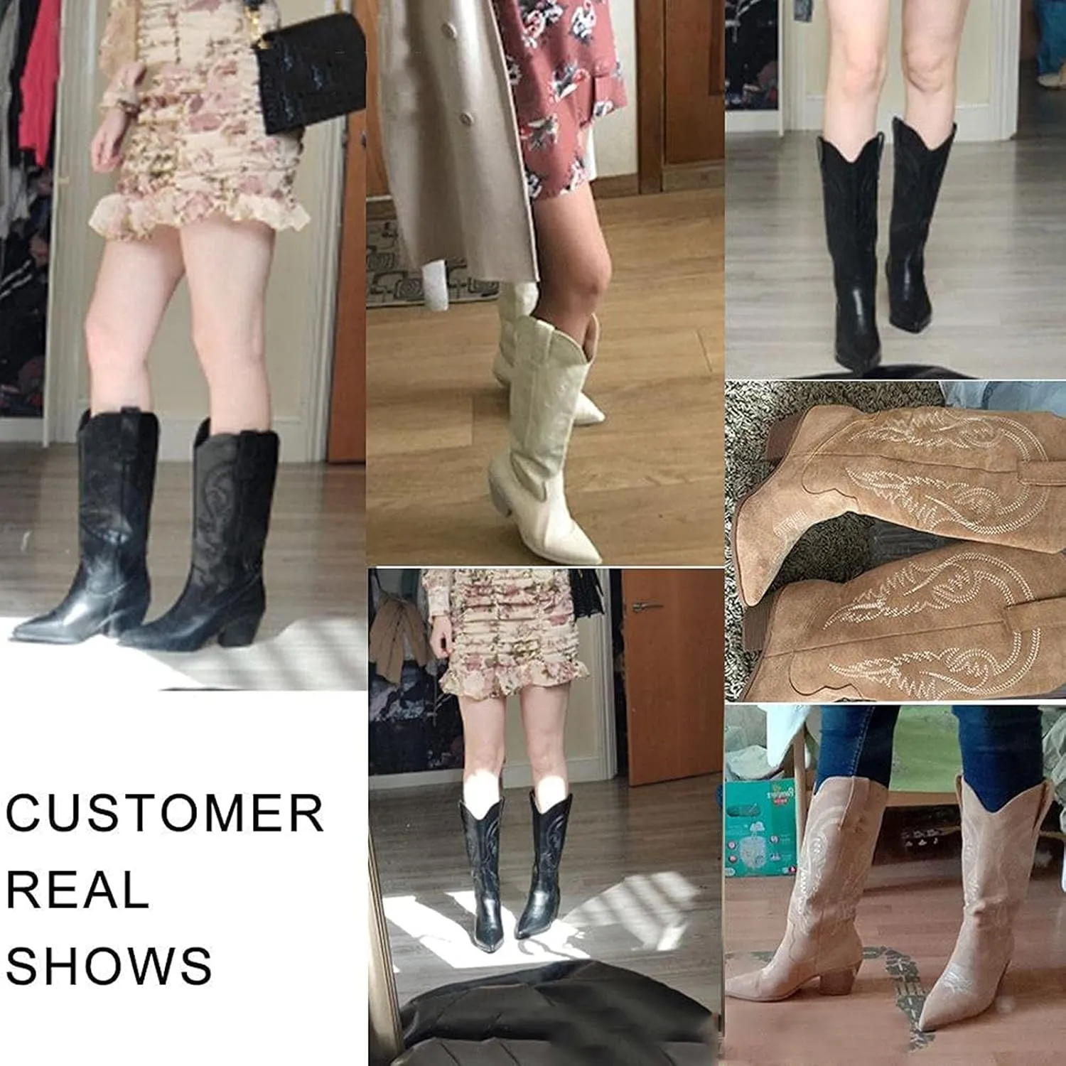 Hbeylia Cowboy Boots For Women Vintage Ethnic Western Cowgirls Boots Flower Embroidered Pointed Toe Chunky Heels Mid Calf Knight Riding Boots Boho Retro Winter Fall Dress Tall Boots For Ladies