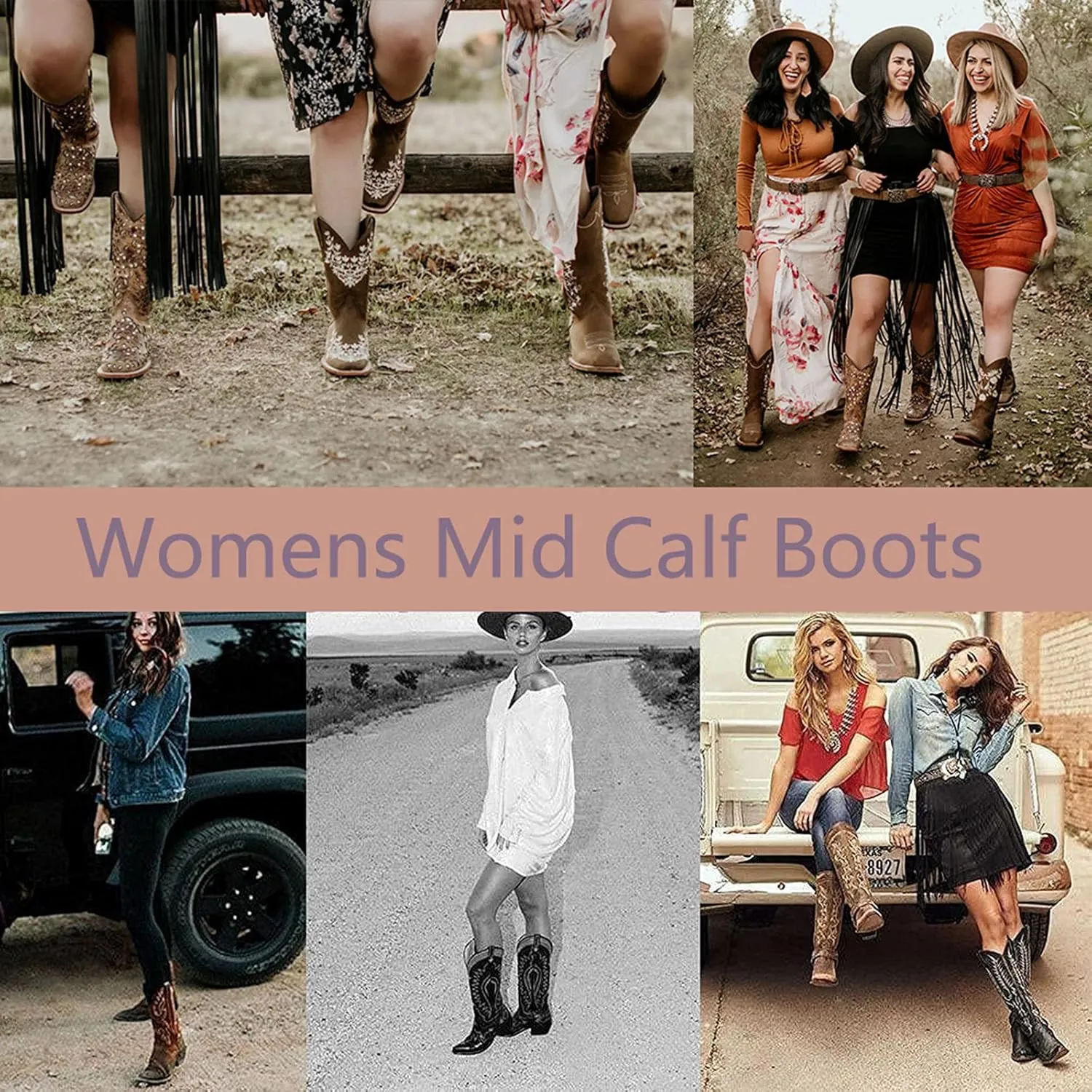 Hbeylia Cowboy Boots For Women Vintage Ethnic Western Cowgirls Boots Flower Embroidered Pointed Toe Chunky Heels Mid Calf Knight Riding Boots Boho Retro Winter Fall Dress Tall Boots For Ladies
