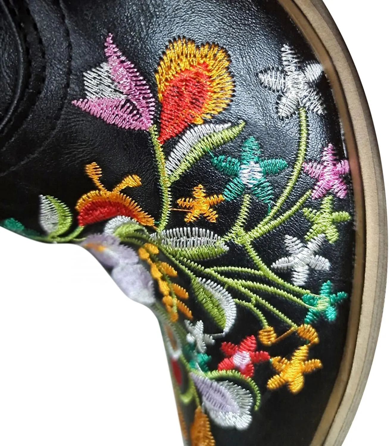 Hbeylia Cowboy Boots For Women Vintage Ethnic Western Cowgirls Boots Flower Embroidered Pointed Toe Chunky Heels Mid Calf Knight Riding Boots Boho Retro Winter Fall Dress Tall Boots For Ladies