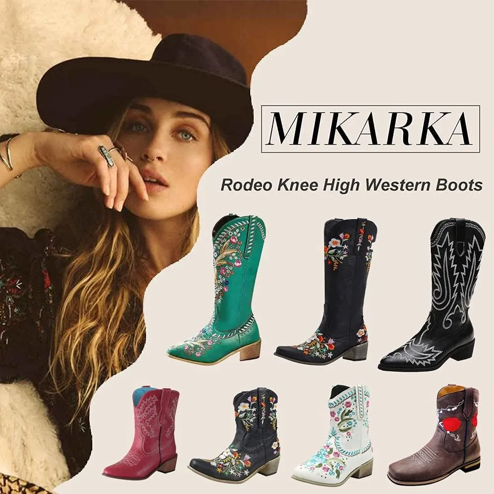 Hbeylia Cowboy Boots For Women Vintage Ethnic Western Cowgirls Boots Flower Embroidered Pointed Toe Chunky Heels Mid Calf Knight Riding Boots Boho Retro Winter Fall Dress Tall Boots For Ladies
