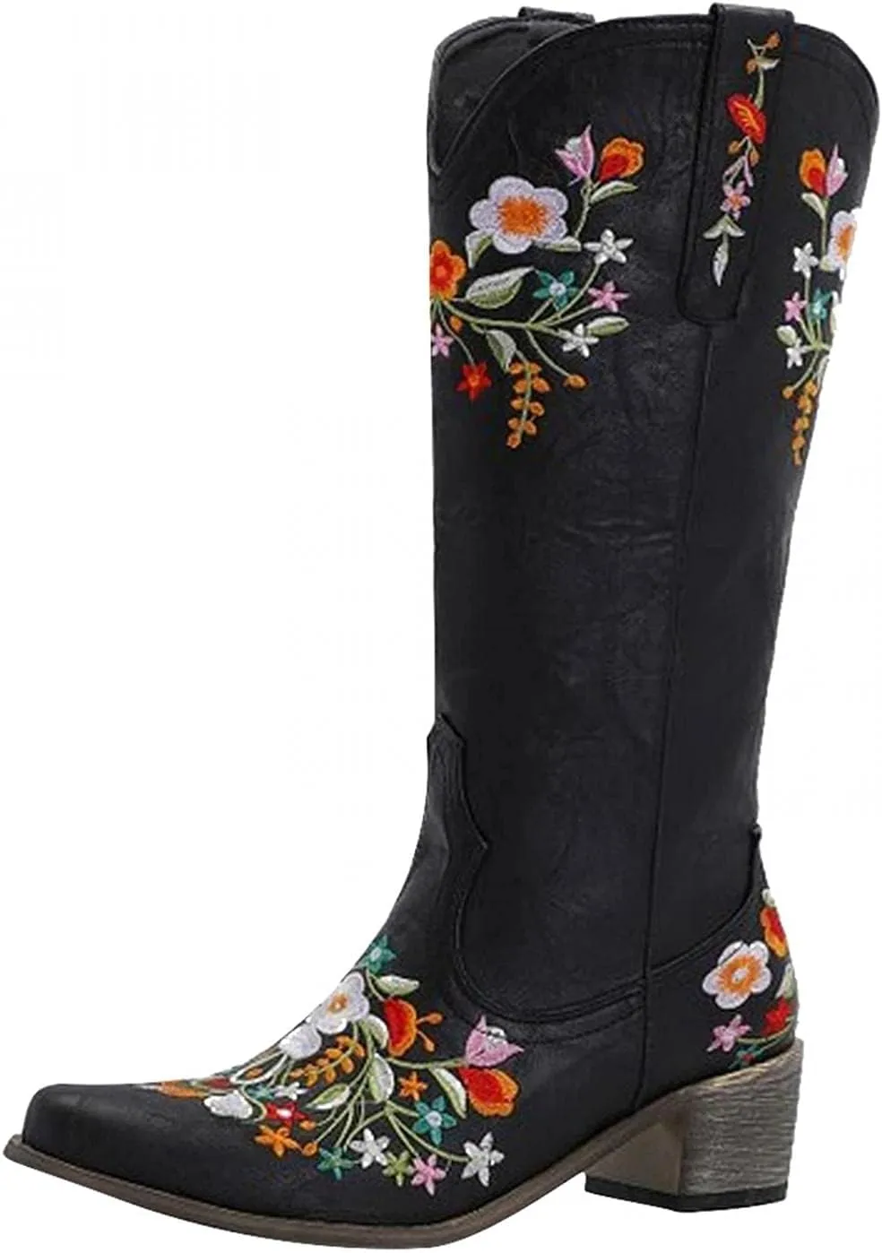 Hbeylia Cowboy Boots For Women Vintage Ethnic Western Cowgirls Boots Flower Embroidered Pointed Toe Chunky Heels Mid Calf Knight Riding Boots Boho Retro Winter Fall Dress Tall Boots For Ladies