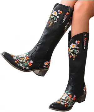 Hbeylia Cowboy Boots For Women Vintage Ethnic Western Cowgirls Boots Flower Embroidered Pointed Toe Chunky Heels Mid Calf Knight Riding Boots Boho Retro Winter Fall Dress Tall Boots For Ladies