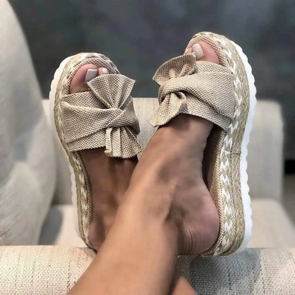 Hbeylia Espadrilles Bowknot Flat Sandals For Women Slip-On Open Toe Platform Wedge Flip Flops Slippers Summer Casual Shoes Beach Boho Traval Vacation Indoor Outdoor Slides