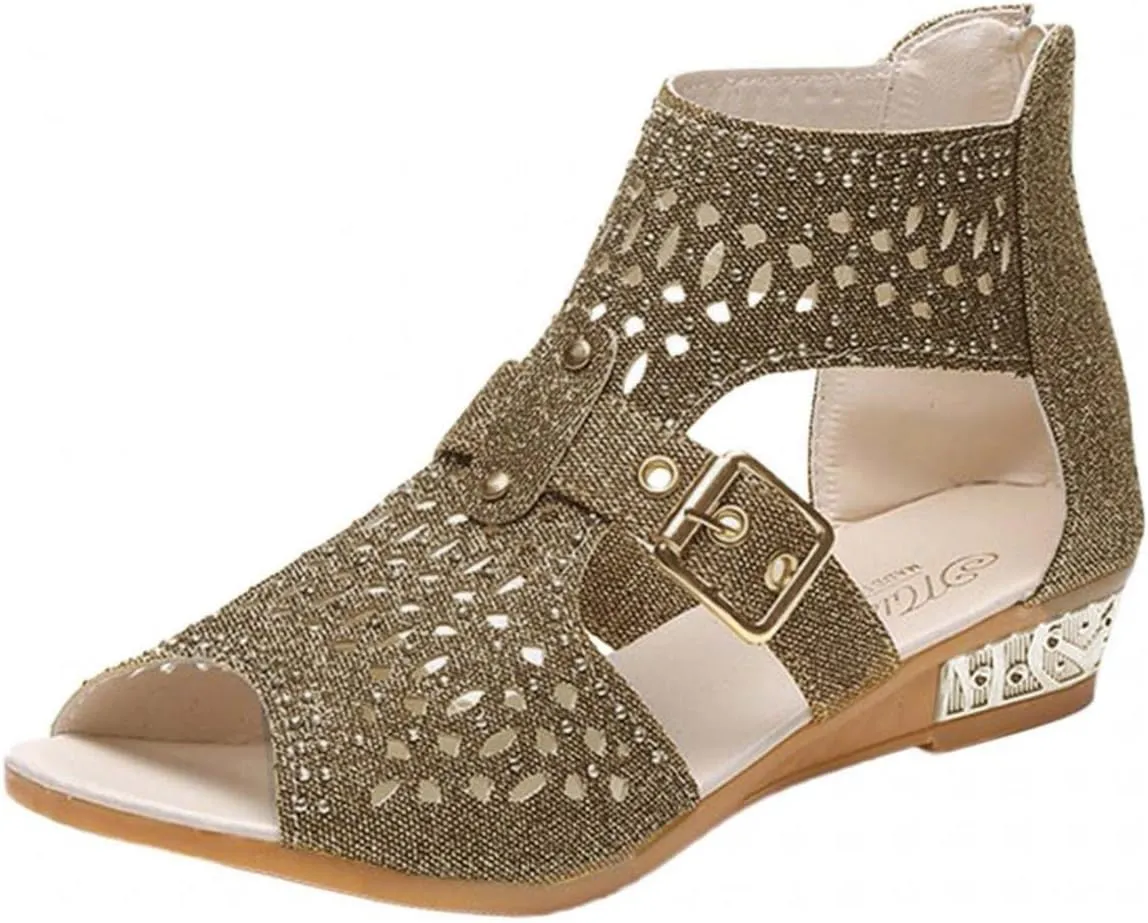 Hbeylia Flat Sandals for Women,Rhinestones Hollow Out Peep Toe Cross Strap Sandals for Womens Glitter Zipper Roman Gladiator Sandals Shoes Summer Casual Daily Sandals