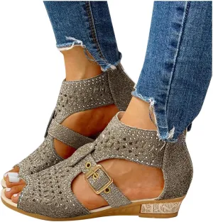 Hbeylia Flat Sandals for Women,Rhinestones Hollow Out Peep Toe Cross Strap Sandals for Womens Glitter Zipper Roman Gladiator Sandals Shoes Summer Casual Daily Sandals
