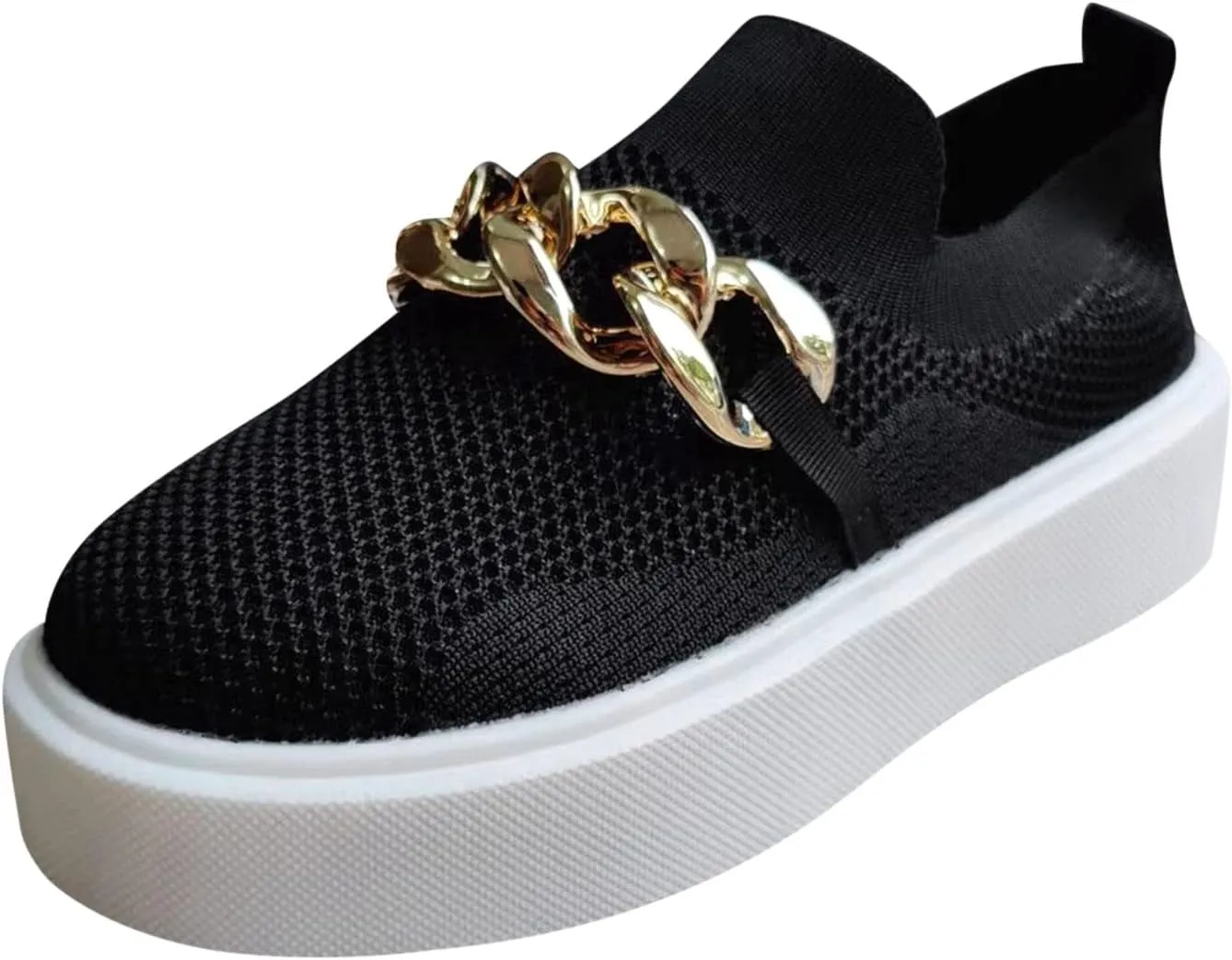 Hbeylia Platform Fashion Sneakers for Women Casual Breathable Mesh Air Metal Chain Design Round Toe Chunky Bottom High Heels Low Top Canvas Shoes Slip On Flats Walking Shoes Play Sneakers Loafers