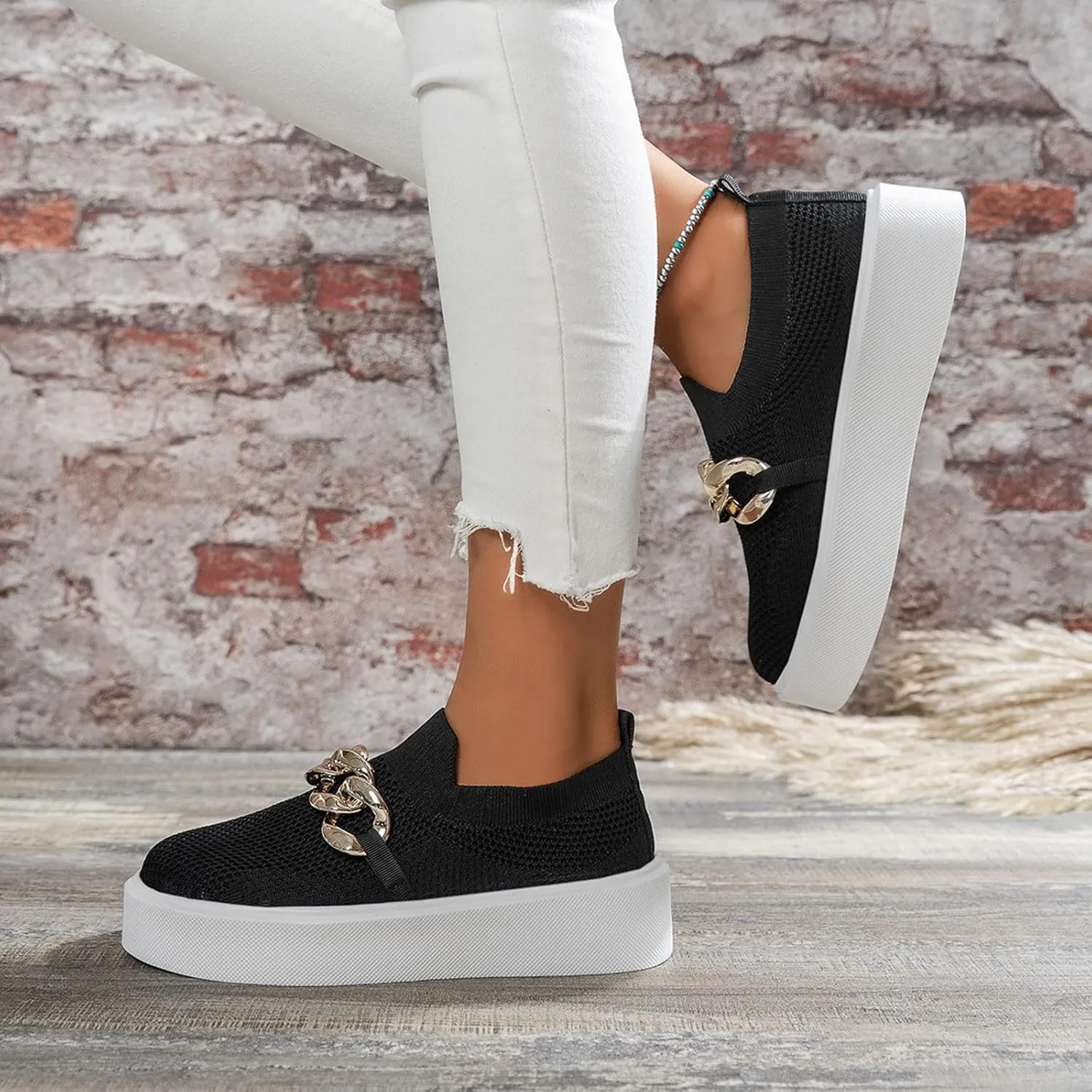 Hbeylia Platform Fashion Sneakers for Women Casual Breathable Mesh Air Metal Chain Design Round Toe Chunky Bottom High Heels Low Top Canvas Shoes Slip On Flats Walking Shoes Play Sneakers Loafers