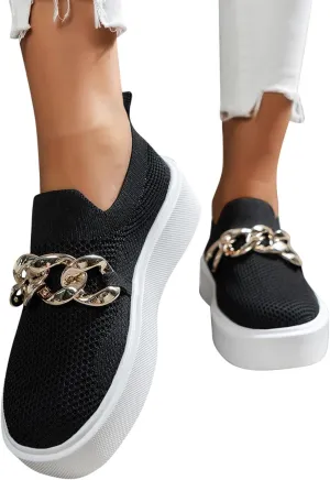 Hbeylia Platform Fashion Sneakers for Women Casual Breathable Mesh Air Metal Chain Design Round Toe Chunky Bottom High Heels Low Top Canvas Shoes Slip On Flats Walking Shoes Play Sneakers Loafers