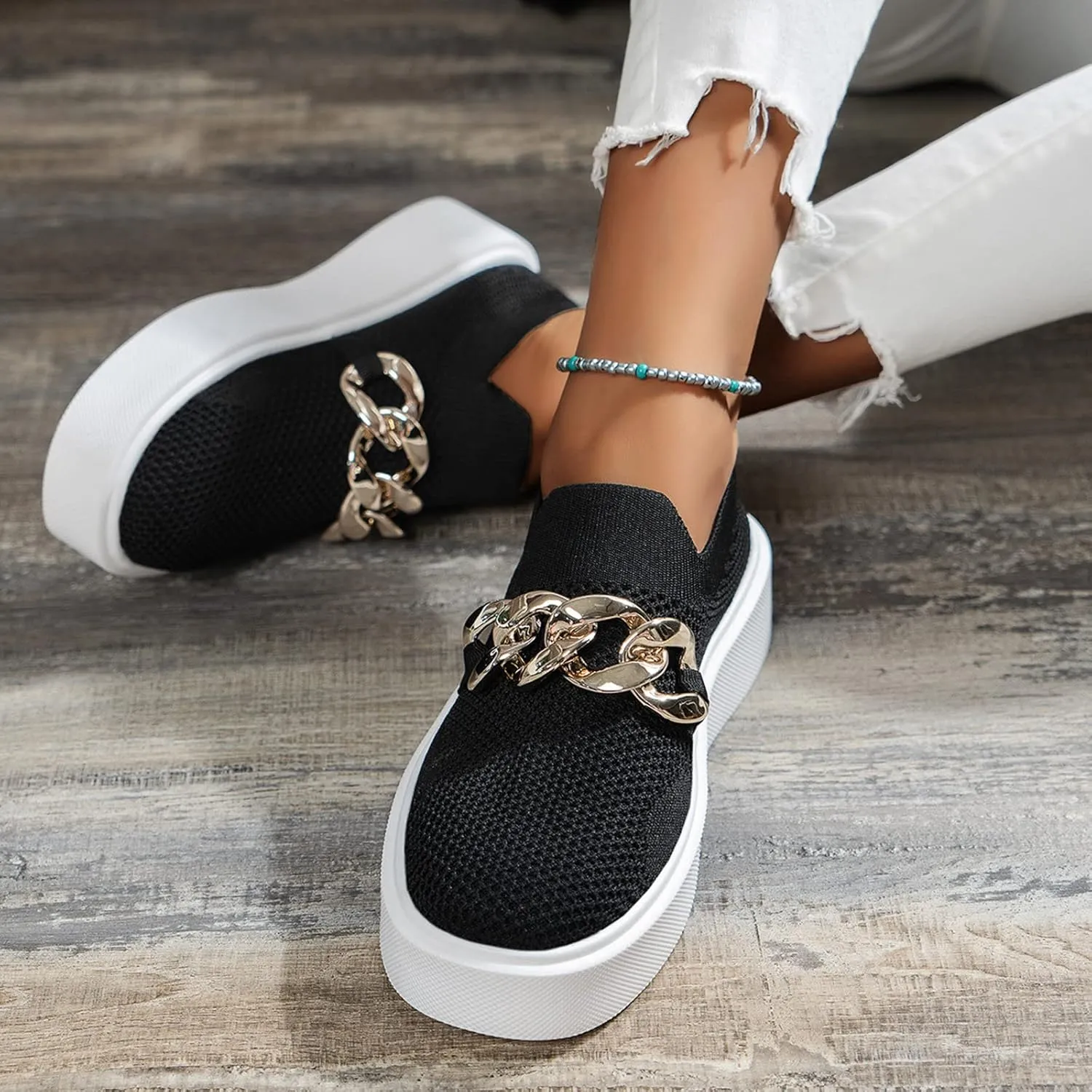 Hbeylia Platform Fashion Sneakers for Women Casual Breathable Mesh Air Metal Chain Design Round Toe Chunky Bottom High Heels Low Top Canvas Shoes Slip On Flats Walking Shoes Play Sneakers Loafers