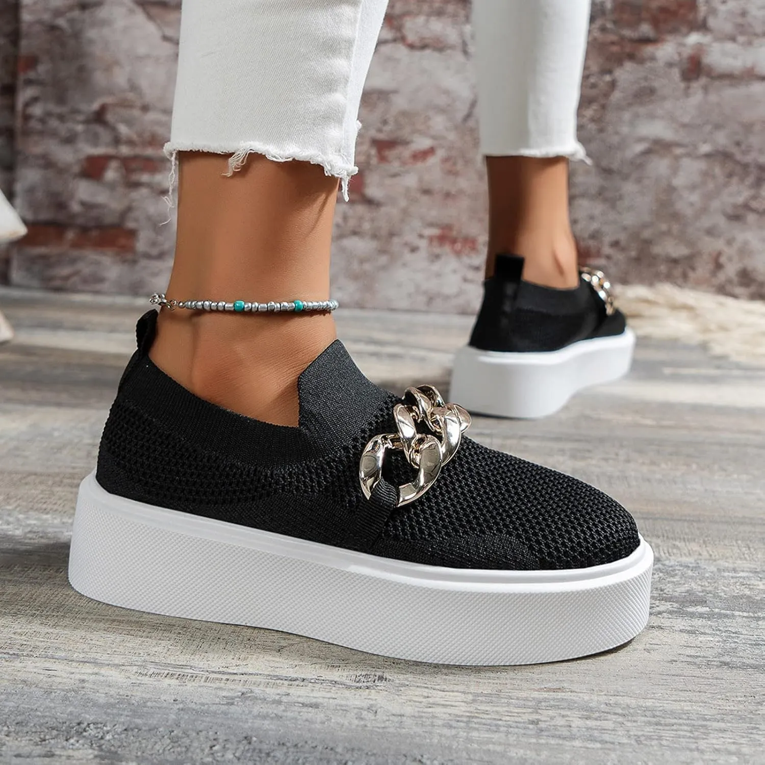 Hbeylia Platform Fashion Sneakers for Women Casual Breathable Mesh Air Metal Chain Design Round Toe Chunky Bottom High Heels Low Top Canvas Shoes Slip On Flats Walking Shoes Play Sneakers Loafers