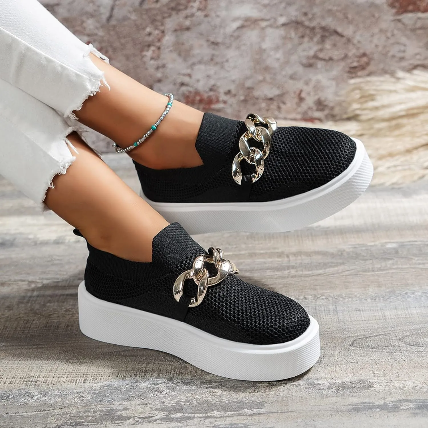 Hbeylia Platform Fashion Sneakers for Women Casual Breathable Mesh Air Metal Chain Design Round Toe Chunky Bottom High Heels Low Top Canvas Shoes Slip On Flats Walking Shoes Play Sneakers Loafers