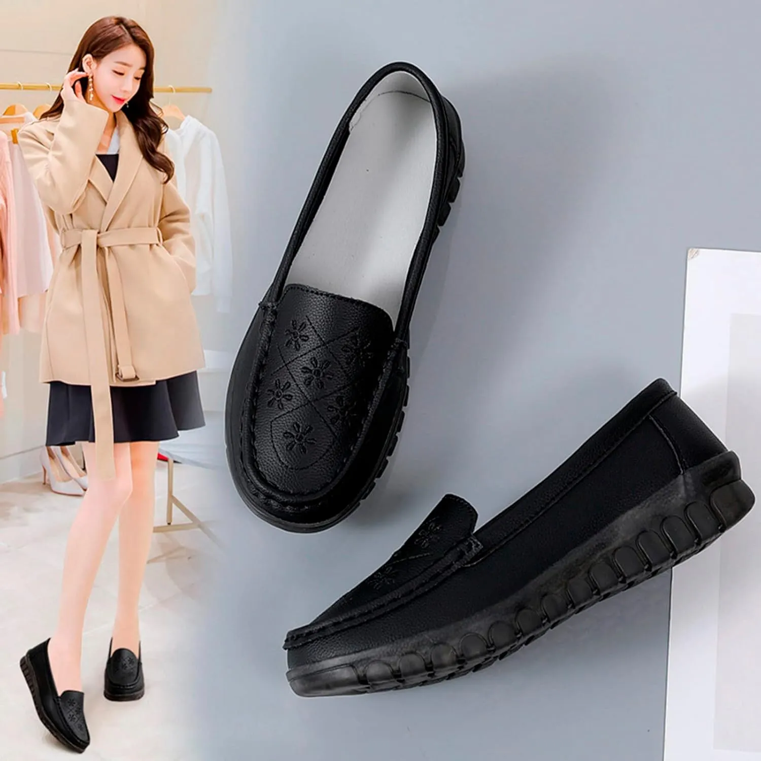 Hbeylia Retro Slip On Loafers for Women Ladies Fashion Casual Chunky Button Breathable Cloth Dressy Shoes Oxford Comfort Ballet Flats Dress Shoes for Work Nurse
