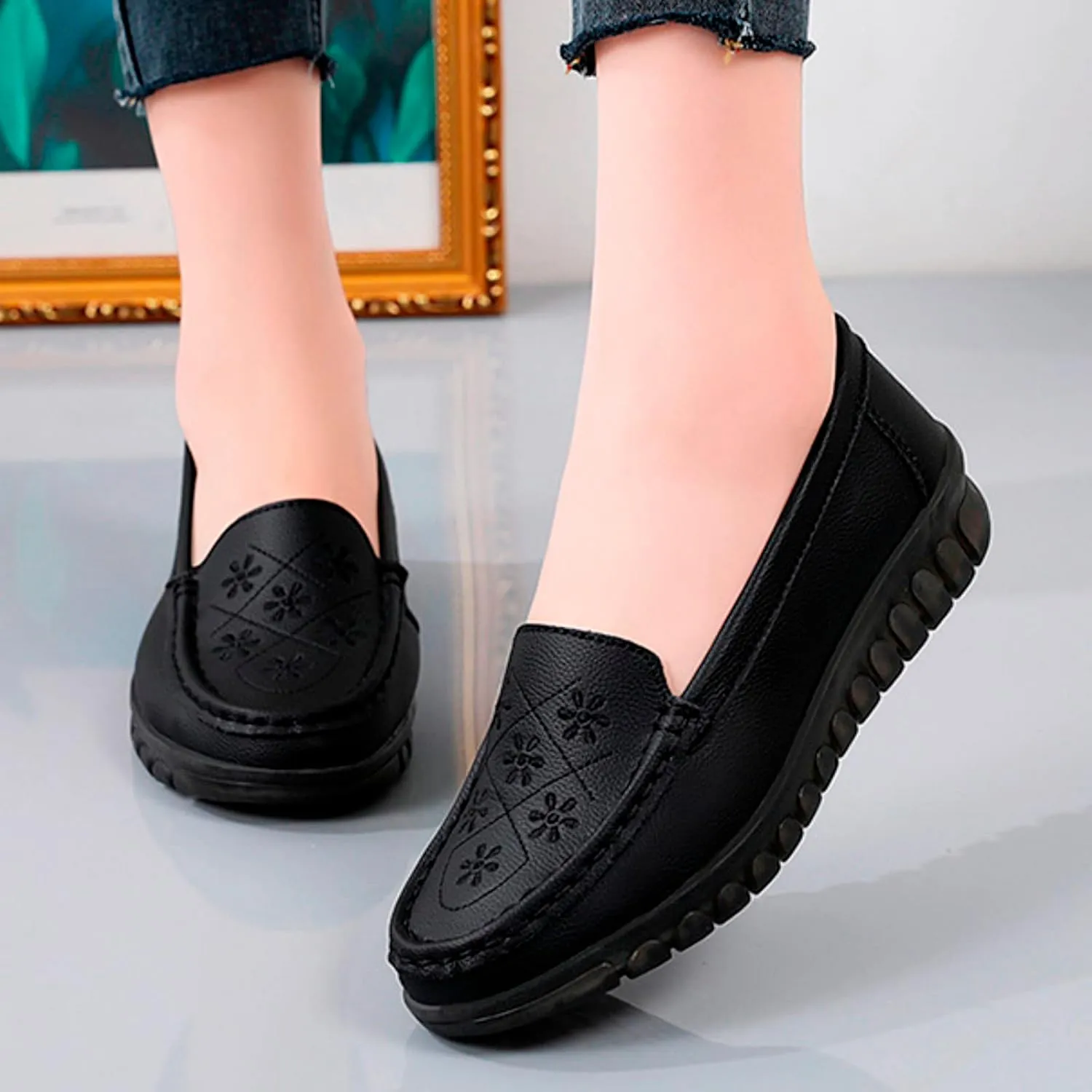 Hbeylia Retro Slip On Loafers for Women Ladies Fashion Casual Chunky Button Breathable Cloth Dressy Shoes Oxford Comfort Ballet Flats Dress Shoes for Work Nurse