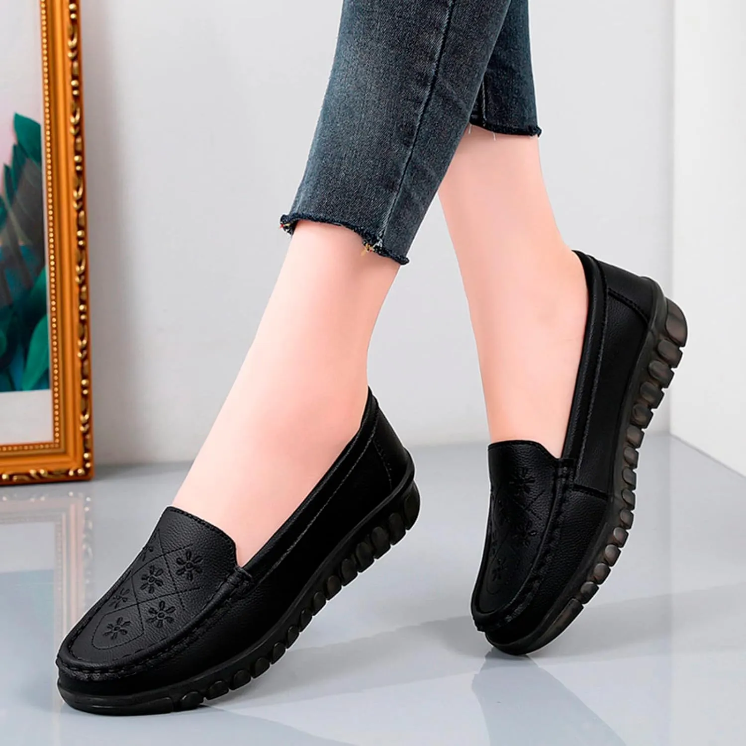 Hbeylia Retro Slip On Loafers for Women Ladies Fashion Casual Chunky Button Breathable Cloth Dressy Shoes Oxford Comfort Ballet Flats Dress Shoes for Work Nurse