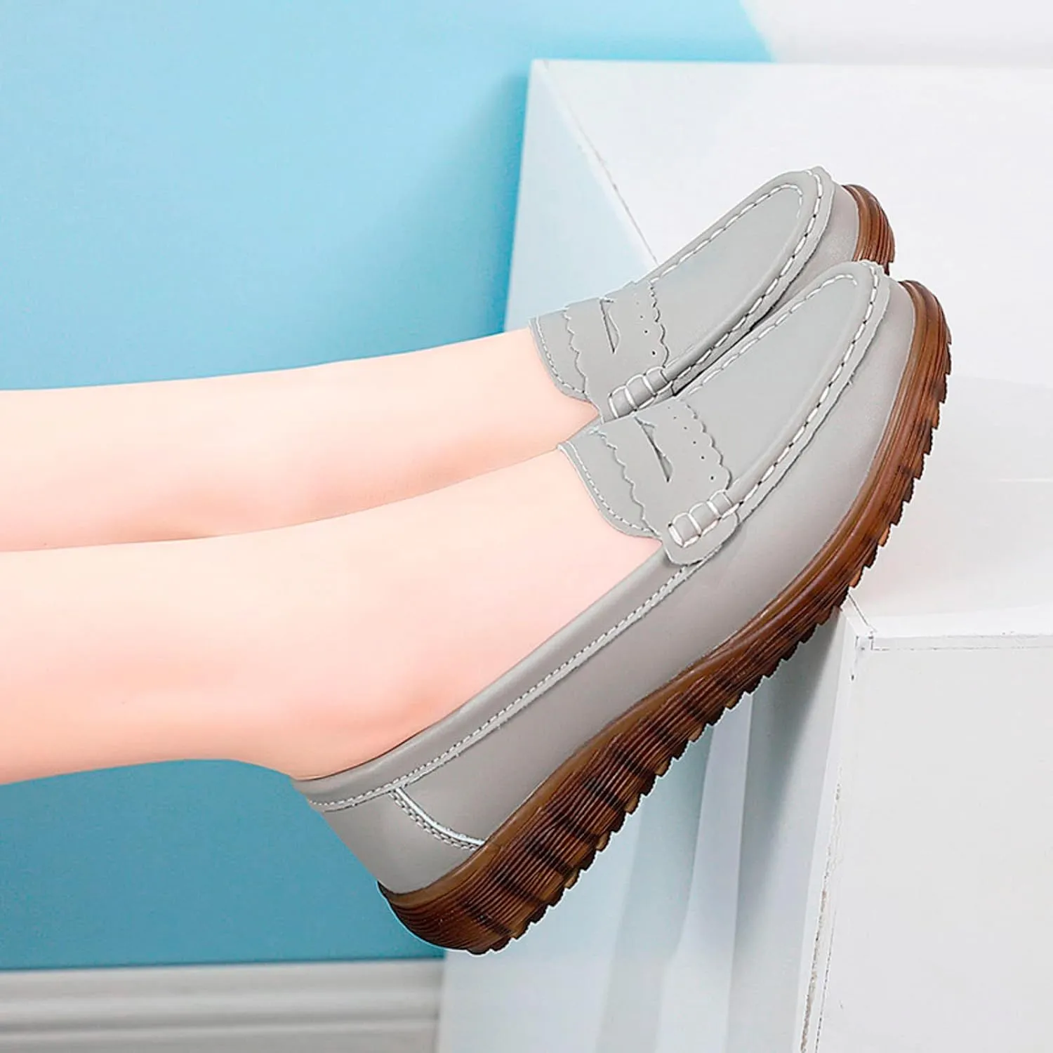 Hbeylia Retro Slip On Loafers for Women Ladies Fashion Casual Chunky Button Breathable Cloth Dressy Shoes Oxford Comfort Ballet Flats Dress Shoes for Work Nurse