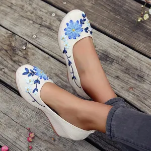Hbeylia Vintage Flower Embroidered Platform Wedge Ballet Flats Ethnic Retro Boho Floral High Heels Chunky Pump Slip On Loafers Beach Travel Bohemian Dress Shoes For Women Ladies Vacation