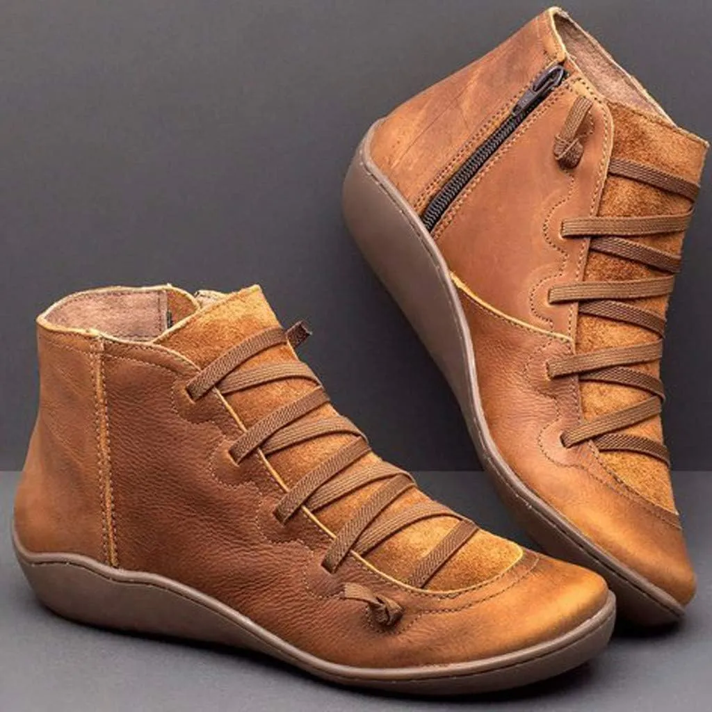 Hbeylia Women's Fashion Sneaker Booties Casual Leather Lace Up Ankle Boots Walking Shoes Vintage Retro Round Toe Side Zip Flat Short Boots For Women Men Ladies