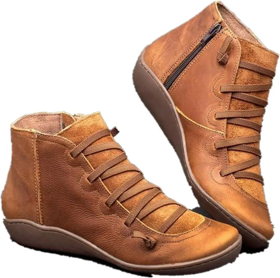 Hbeylia Women's Fashion Sneaker Booties Casual Leather Lace Up Ankle Boots Walking Shoes Vintage Retro Round Toe Side Zip Flat Short Boots For Women Men Ladies