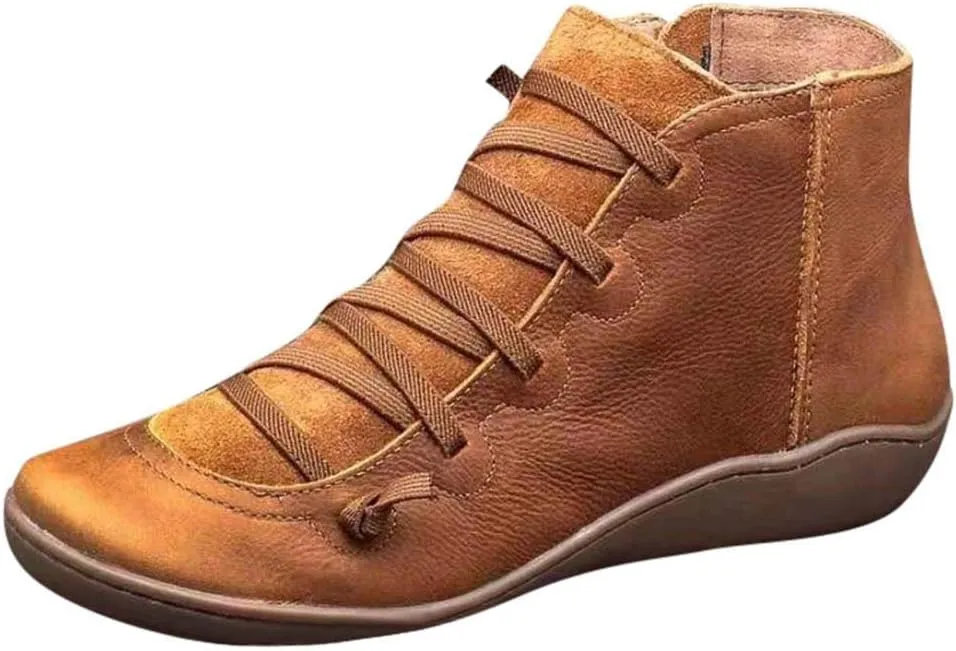 Hbeylia Women's Fashion Sneaker Booties Casual Leather Lace Up Ankle Boots Walking Shoes Vintage Retro Round Toe Side Zip Flat Short Boots For Women Men Ladies