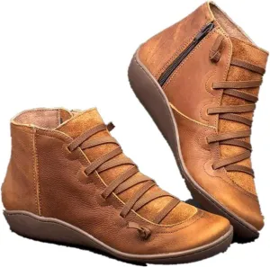Hbeylia Women's Fashion Sneaker Booties Casual Leather Lace Up Ankle Boots Walking Shoes Vintage Retro Round Toe Side Zip Flat Short Boots For Women Men Ladies